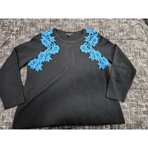 J Crew Blue Sweater Lace Accents Size L cottage preppy academia classic wool